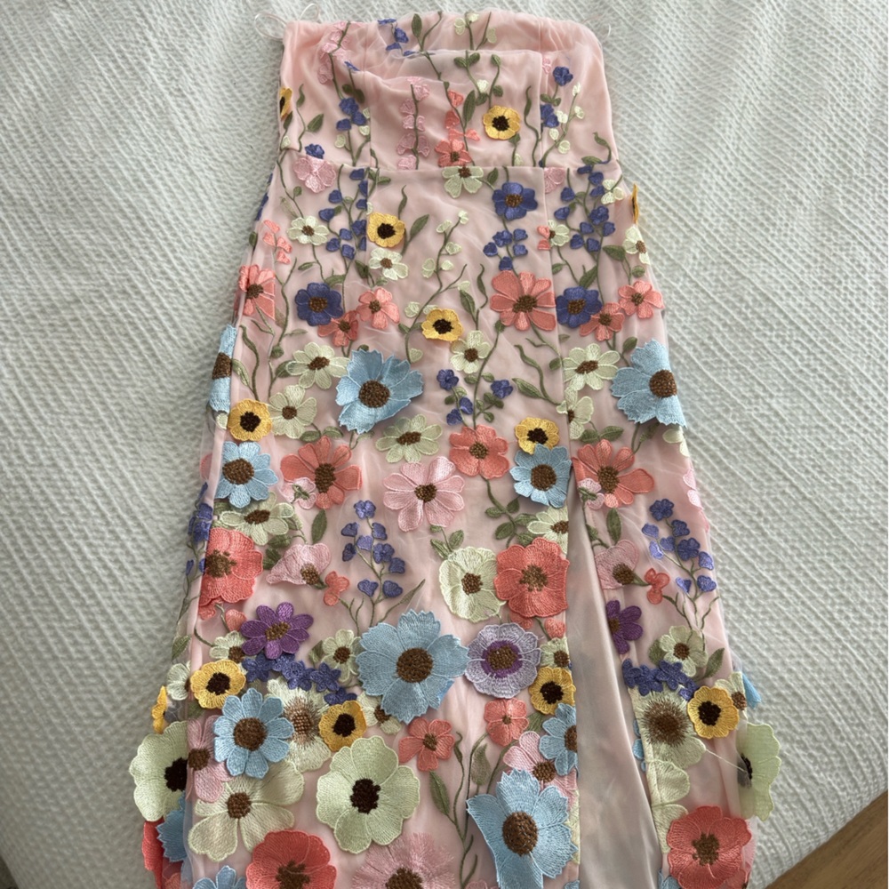 Vici Pink Strapless Midi Dress with Multicolor Floral Embroidery